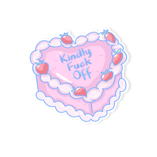 Kawaii pastel sticker of a pink heart-shaped strawberry cake with whipped cream and text that reads “Kindly Fuck Off,” cute but sassy vinyl sticker design.
