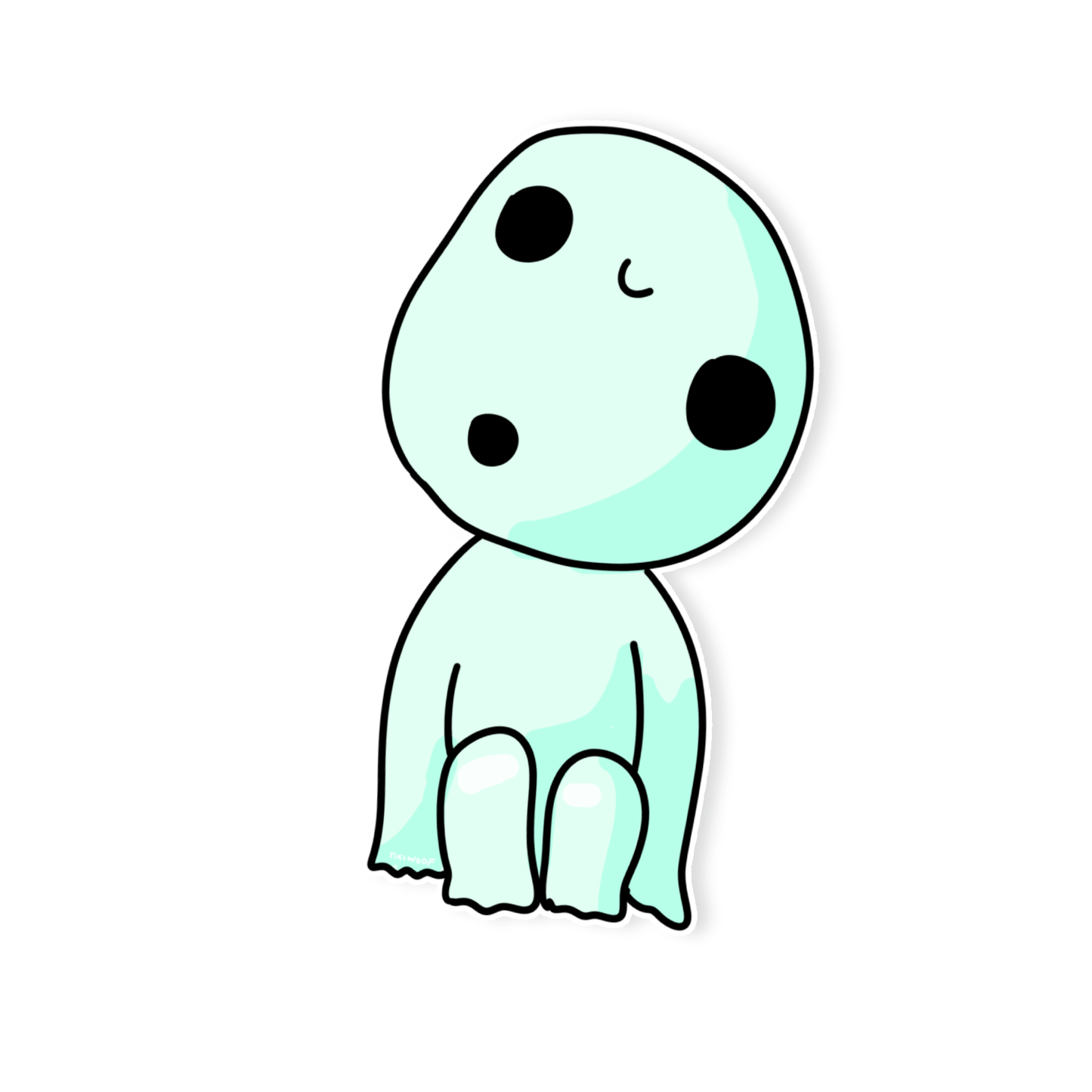 Minimal pastel sticker of a mint green forest spirit or ghost-like creature with large black eyes, sitting with a tilted head and simple cute design.
