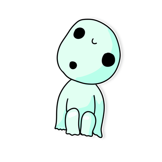 Minimal pastel sticker of a mint green forest spirit or ghost-like creature with large black eyes, sitting with a tilted head and simple cute design.
