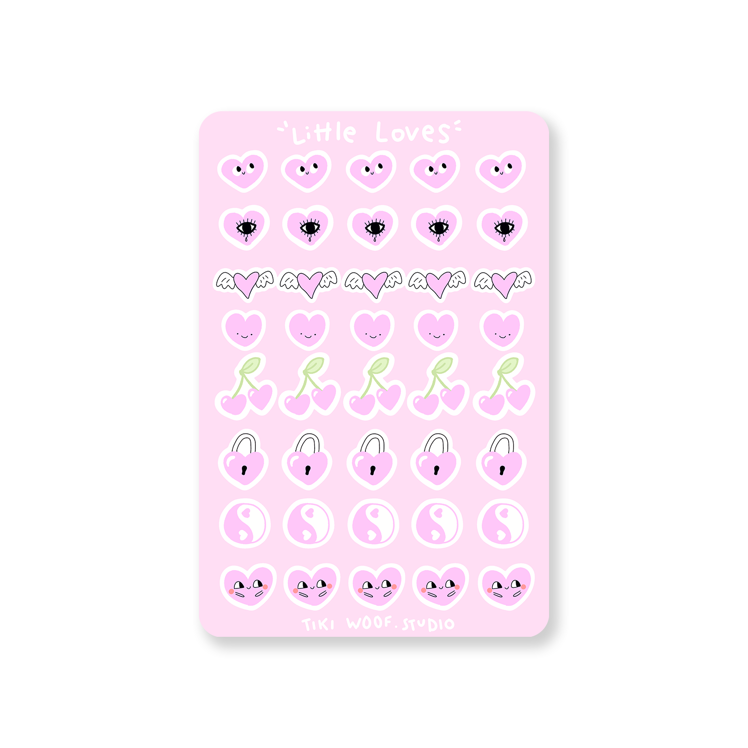 Little Loves pink sticker sheet featuring pastel kawaii heart, cherry, and winged designs by Tiki Woof Studio on a soft pink background.