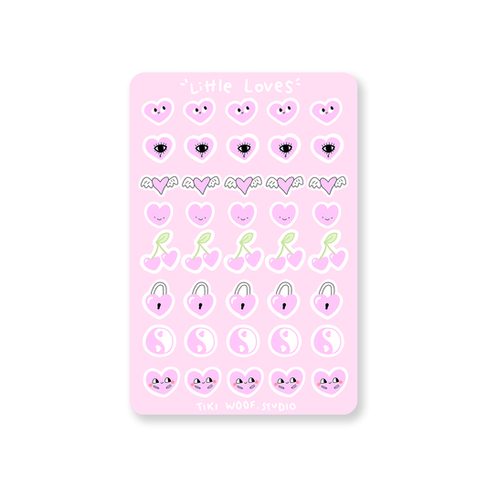 Little Loves pink sticker sheet featuring pastel kawaii heart, cherry, and winged designs by Tiki Woof Studio on a soft pink background.