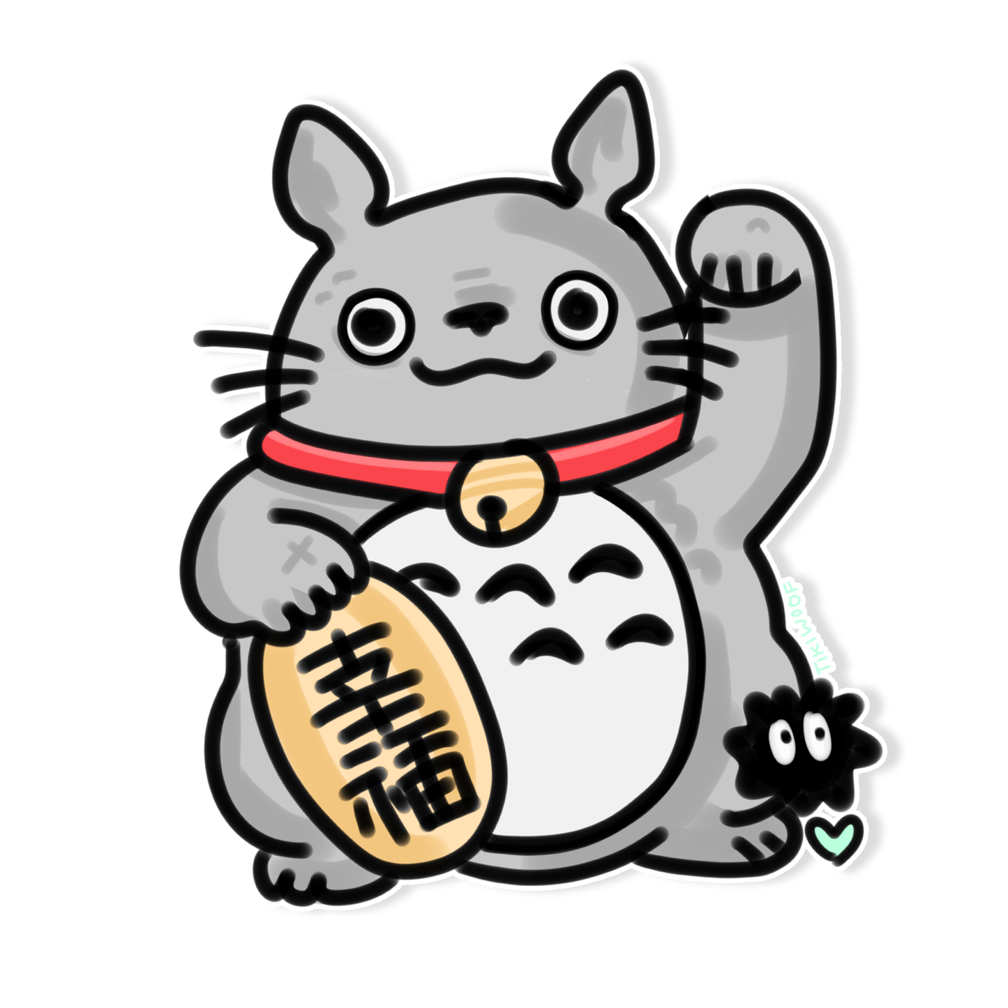 Sticker of Totoro styled as a lucky Japanese Maneki Neko cat holding a gold coin with black kanji and a small soot sprite by its foot.
