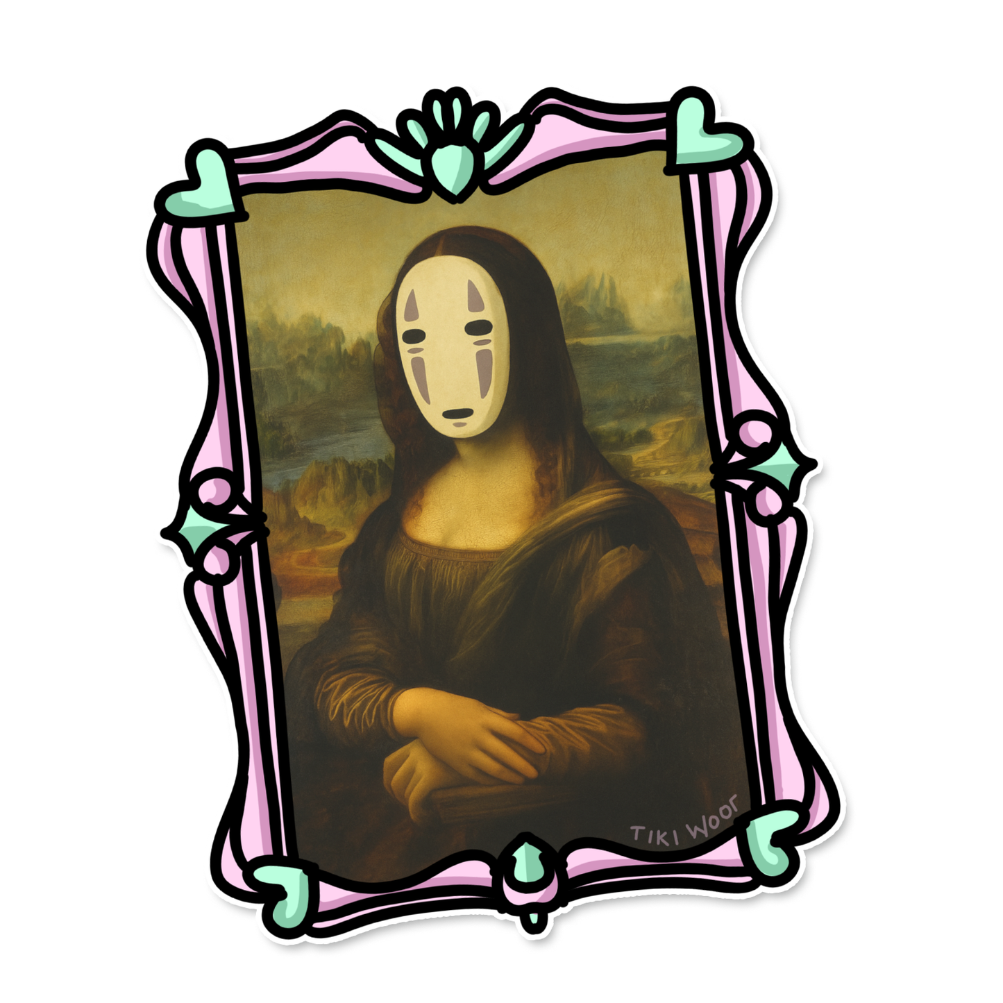 Sticker showing a parody of the Mona Lisa with No-Face’s mask replacing the face, framed in a pastel pink and mint ornate border.