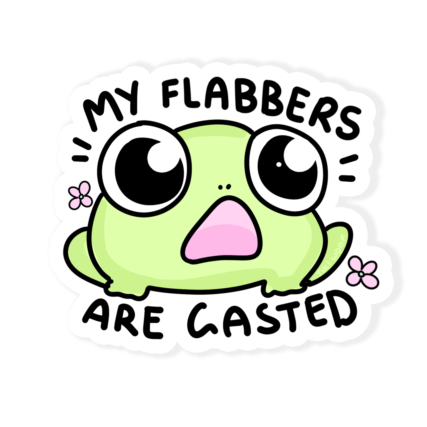 Cute pastel green frog sticker with big round eyes, pink mouth, and small flowers, kawaii-style vinyl sticker on white background.
