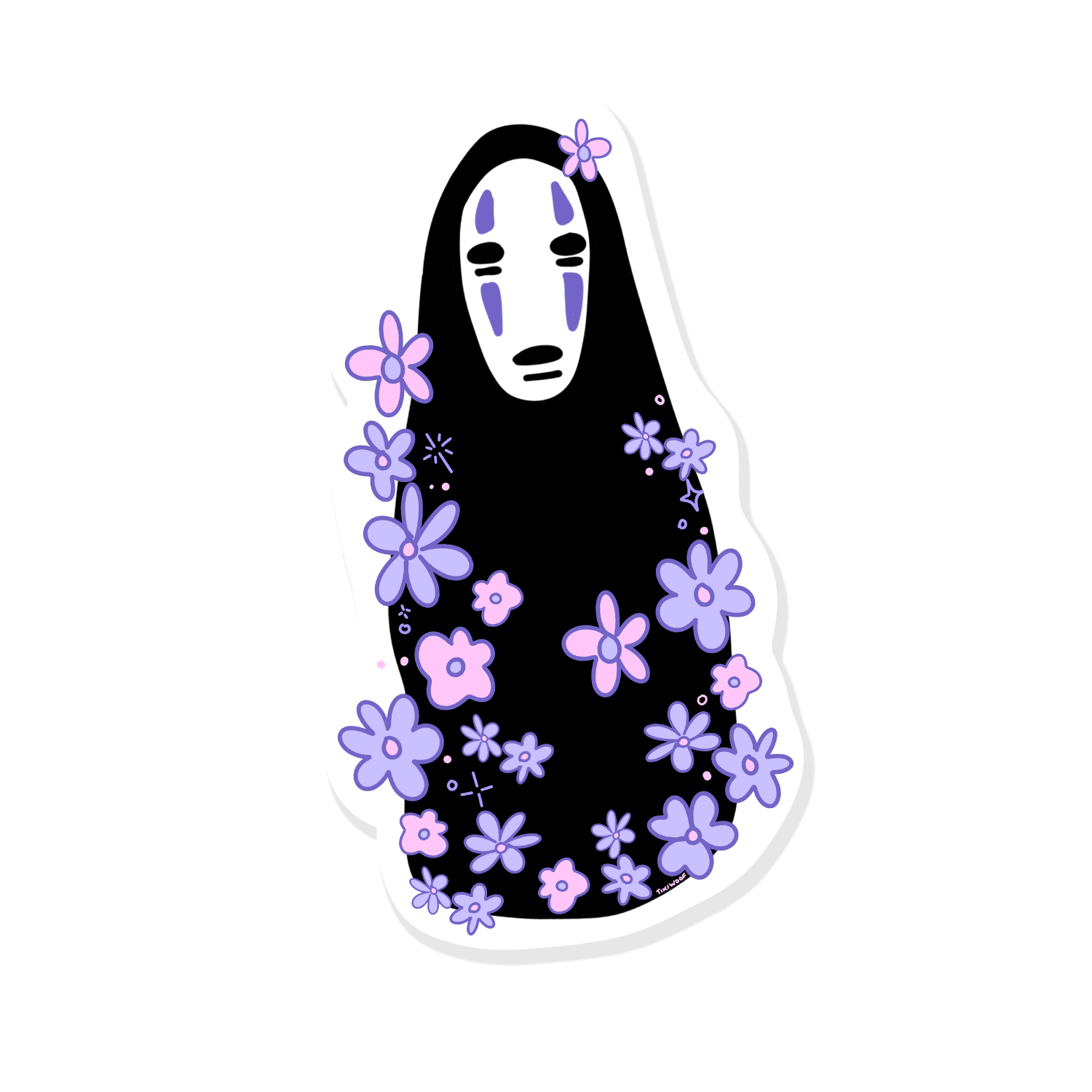 Pastel sticker of No-Face from Spirited Away surrounded by pink and purple flowers on a black background.```