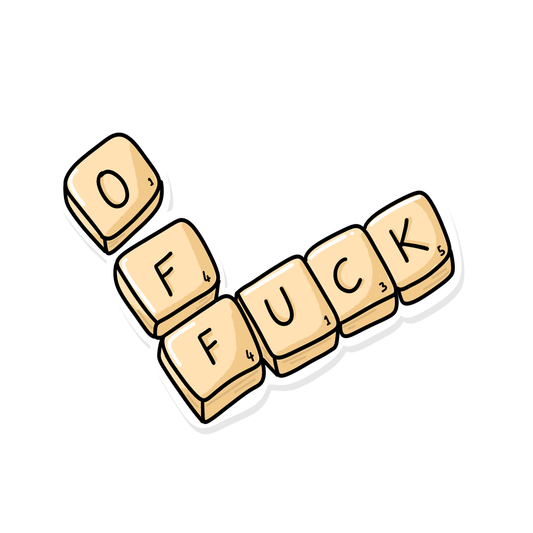 Funny sticker showing Scrabble tiles arranged to spell “OFF FUCK” in a crossword-style layout.```