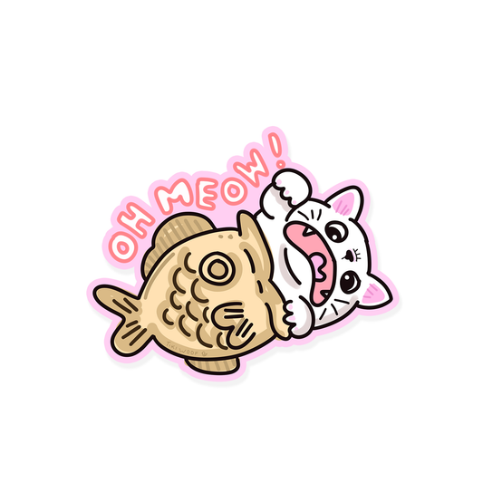 Cute sticker of a white cat hugging a taiyaki fish dessert with the words “Oh Meow!” in pink bubble letters.```
