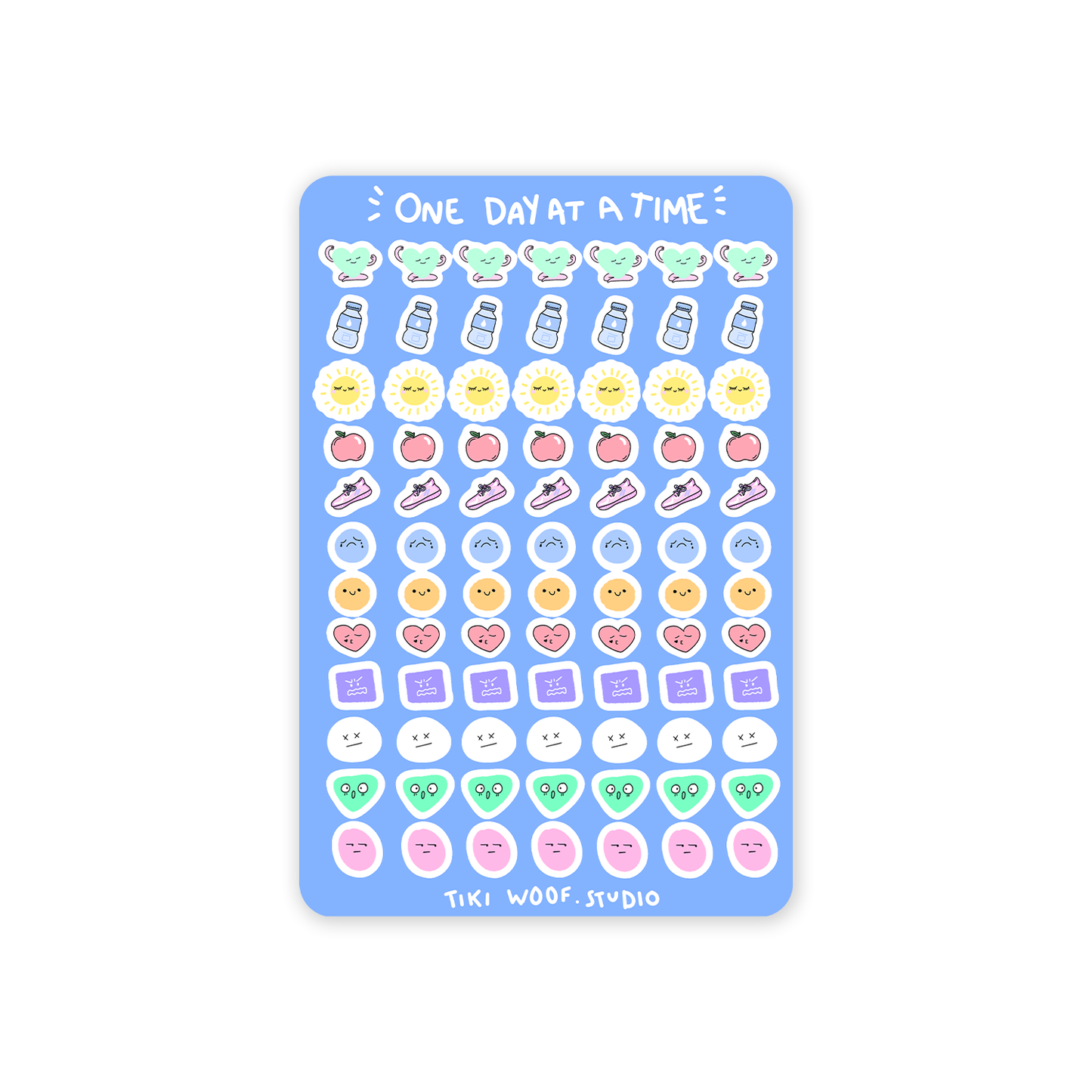 One Day at a Time journaling sticker sheet featuring pastel kawaii icons like water bottles, suns, fruits, hearts, and faces by Tiki Woof Studio on a blue background.
