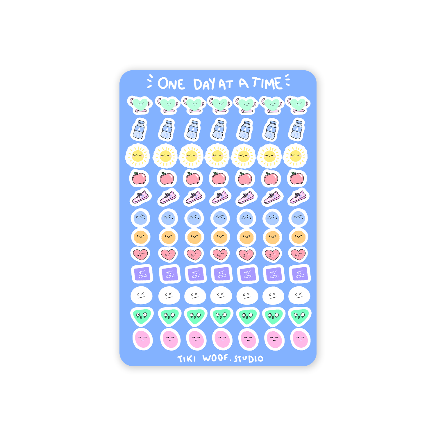 One Day at a Time journaling sticker sheet featuring pastel kawaii icons like water bottles, suns, fruits, hearts, and faces by Tiki Woof Studio on a blue background.