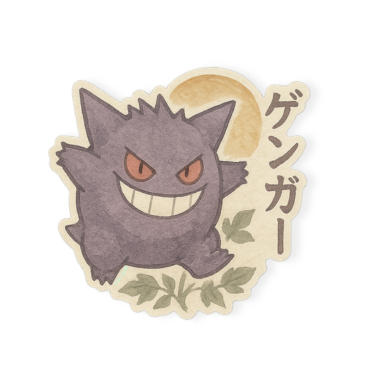 Watercolor-style Gengar-inspired sticker with a mischievous purple ghost character, Japanese text on the side, and muted earthy tones for a vintage look.
