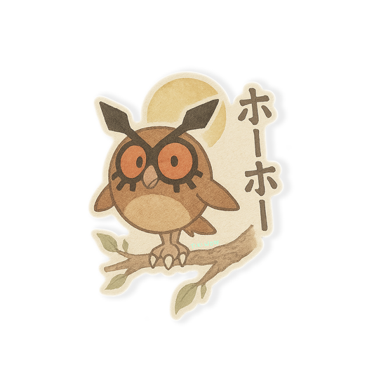 Watercolor Hoothoot-inspired sticker featuring a cute brown owl with large orange eyes and Japanese text beside it, perched on a branch under a warm-toned sky.
