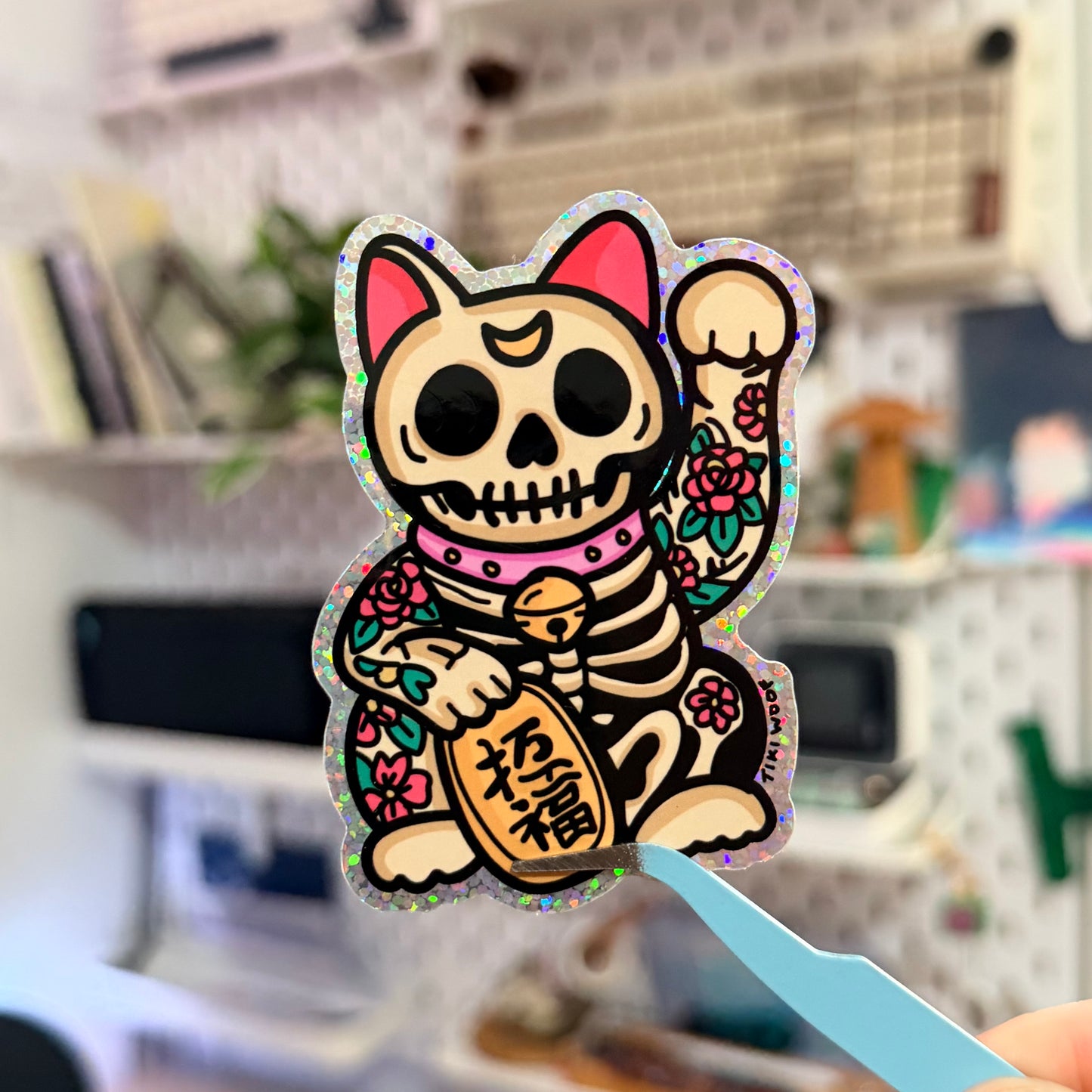 Maneki Neko Day of the Dead Glitter Sticker