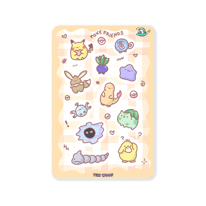 Sticker sheet featuring pastel Pokémon inspired characters including Pikachu, Bulbasaur, Charmander, Eevee, Psyduck, and others on a warm checkered background.```