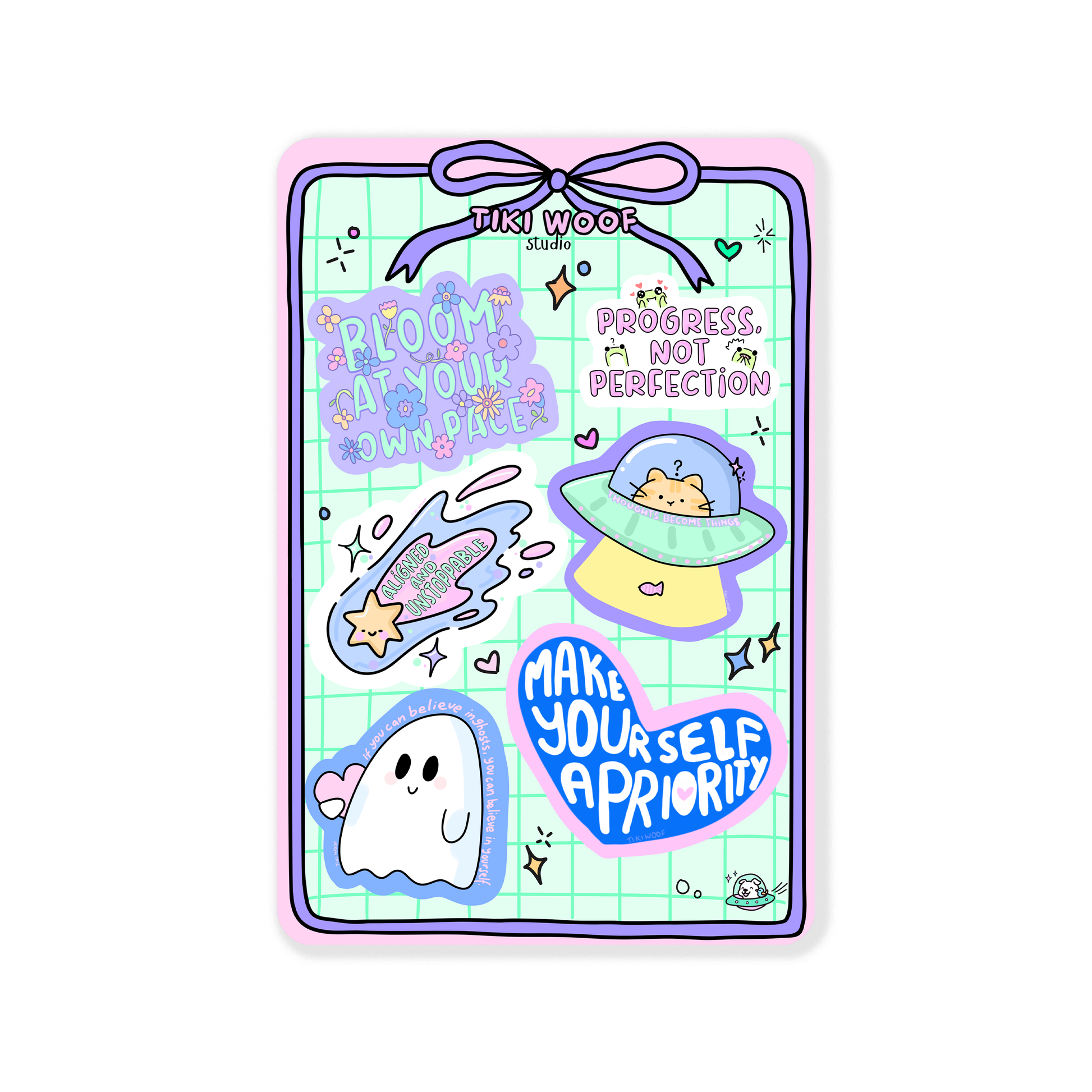 Sticker sheet featuring pastel motivational designs with phrases like Progress Not Perfection, Make Yourself a Priority, and Bloom at Your Own Pace on a mint green grid background.```
