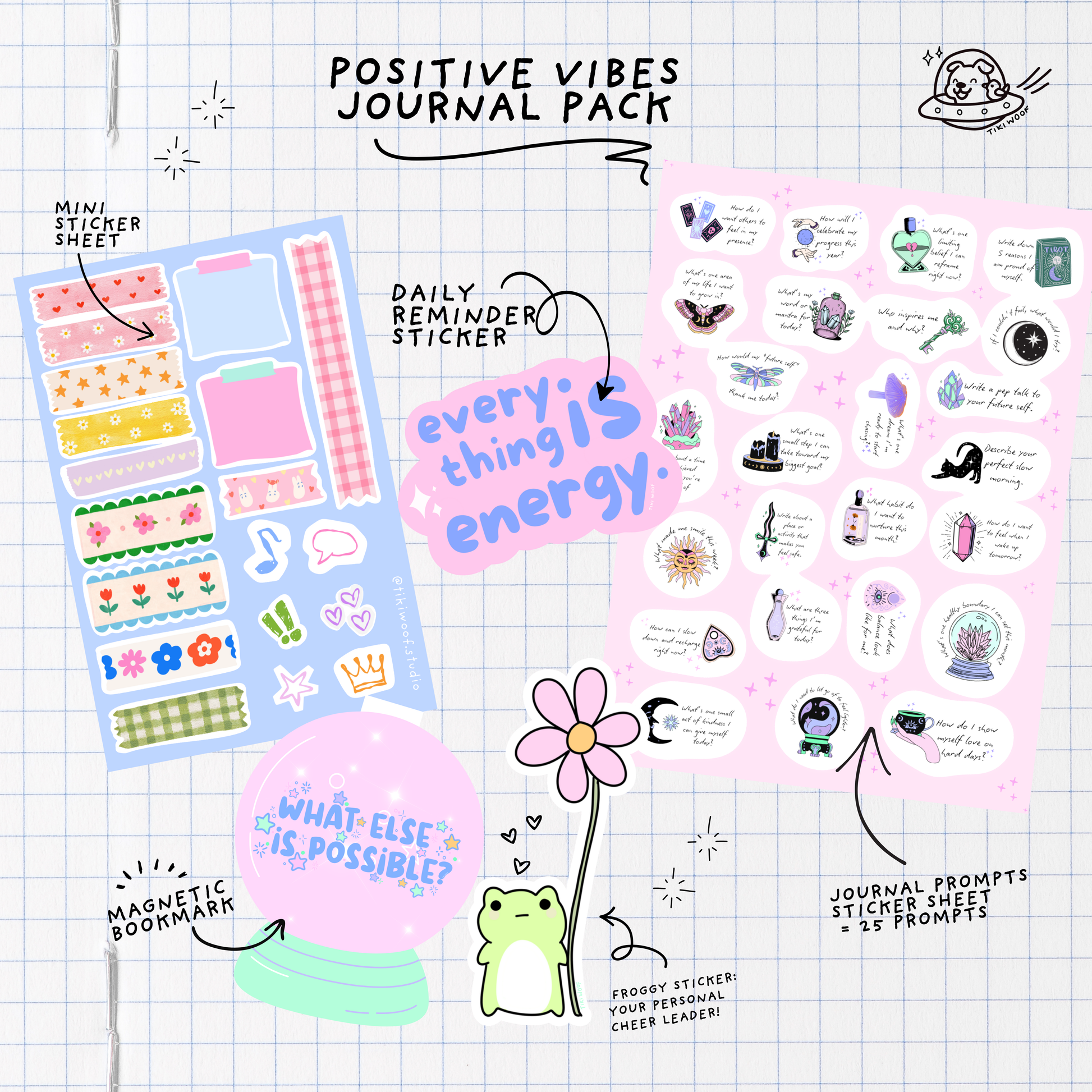 Flat lay of the Positive Vibes Journal Pack featuring a pastel mini sticker sheet, daily reminder sticker, magnetic bookmark, frog sticker, and journal prompt sheet on a grid paper background.```