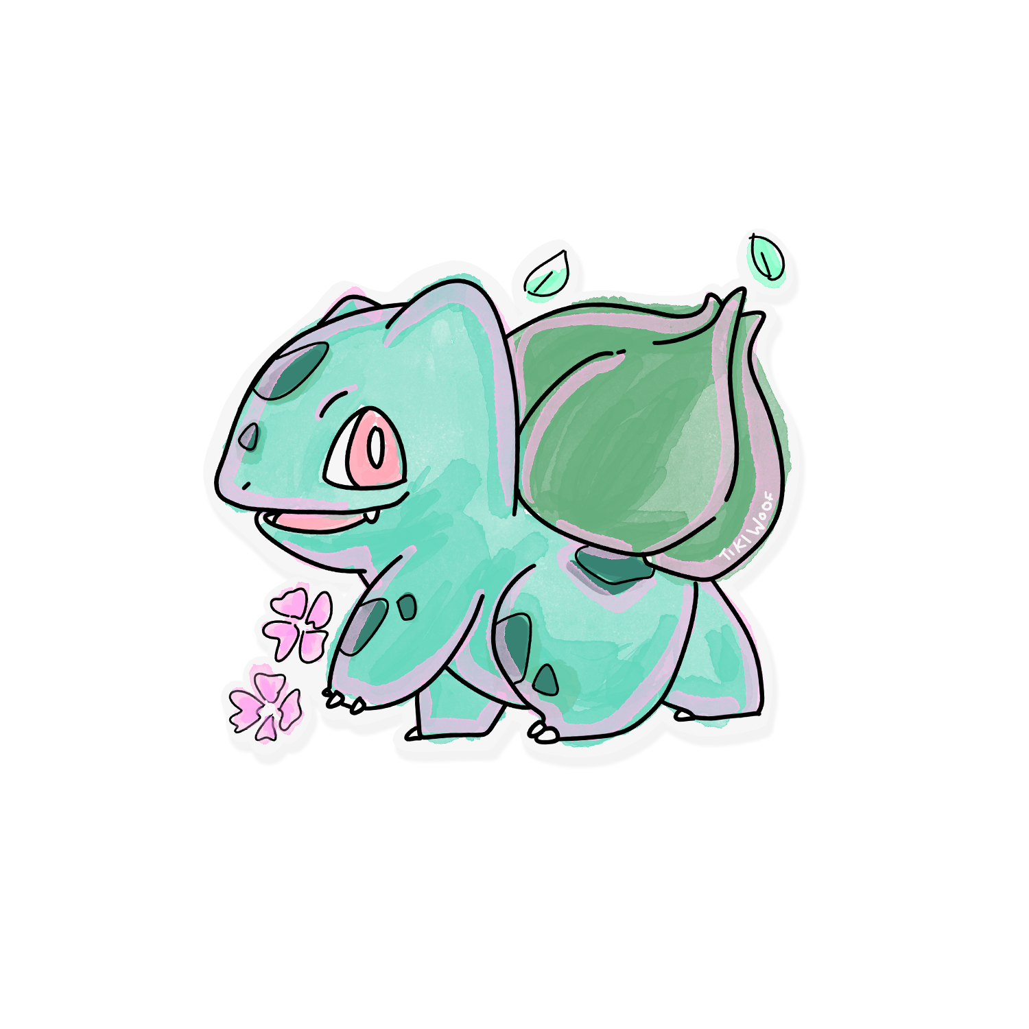 Pastel Bulbasaur sticker with a watercolor-style design, featuring soft greens, pink eyes, and tiny flowers near its feet.```