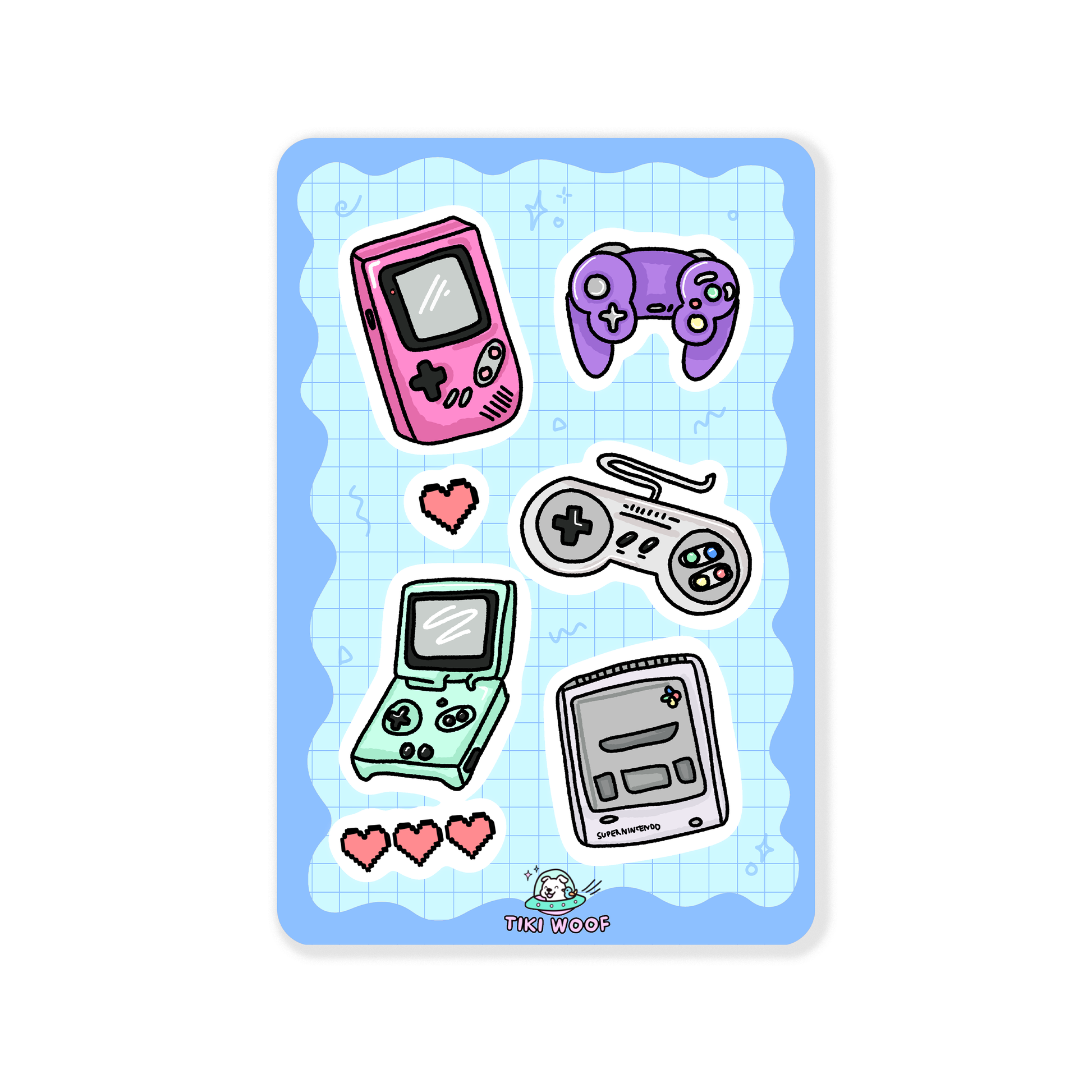 Sticker sheet featuring pastel retro gaming consoles, handhelds, and controllers on a blue grid background.```