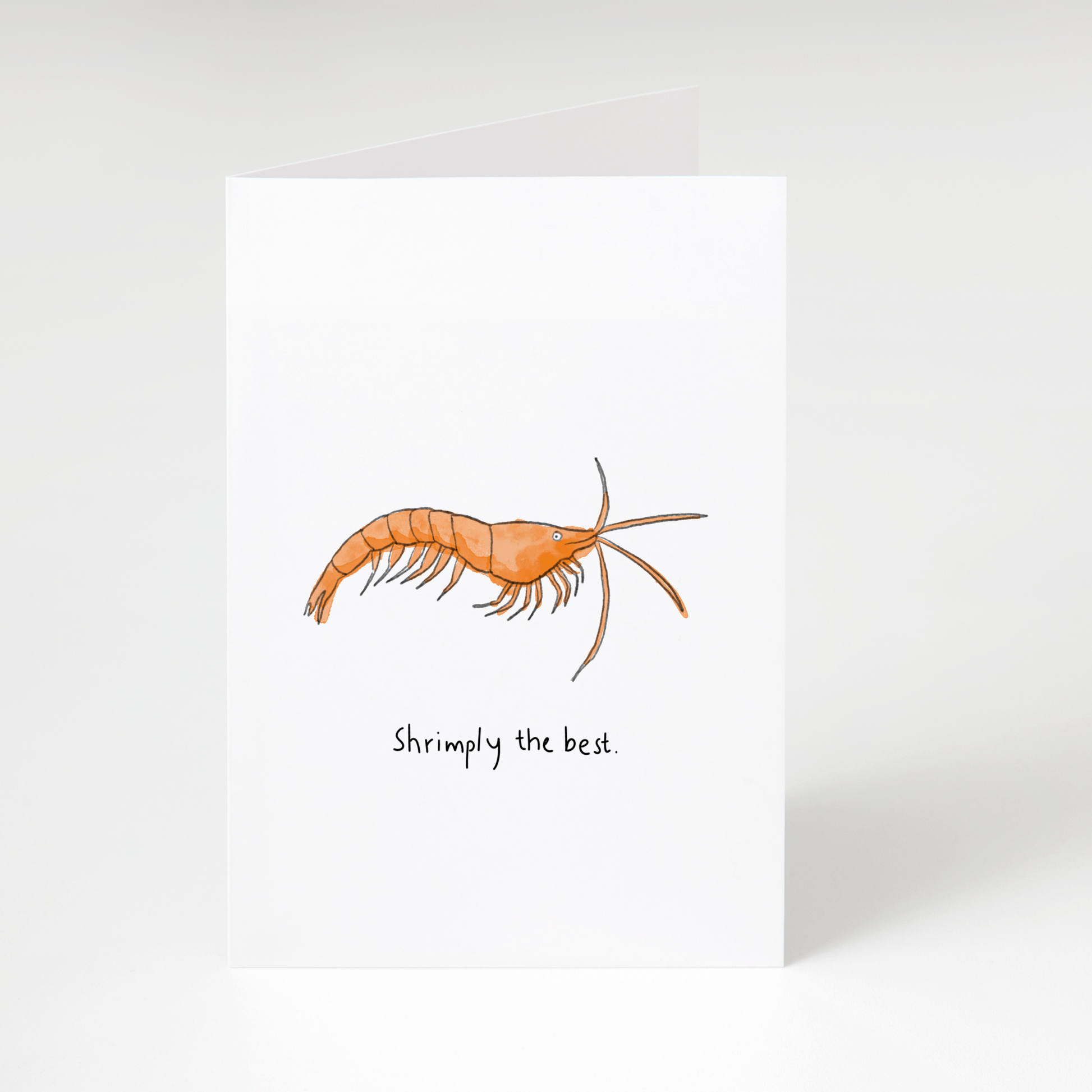 Illustrated orange shrimp with text “Shrimply the best” on white greeting card
