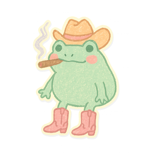 Funny pastel frog sticker wearing a cowboy hat and pink boots while smoking, drawn in a soft crayon-style texture.```