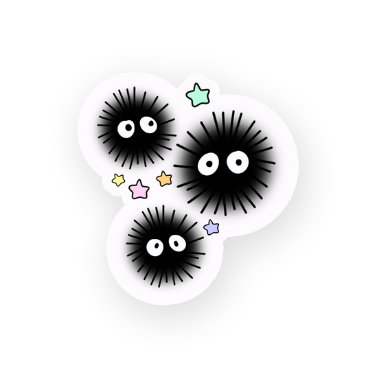 Cute sticker showing soot sprites with big eyes surrounded by pastel-colored stars on a black background.```