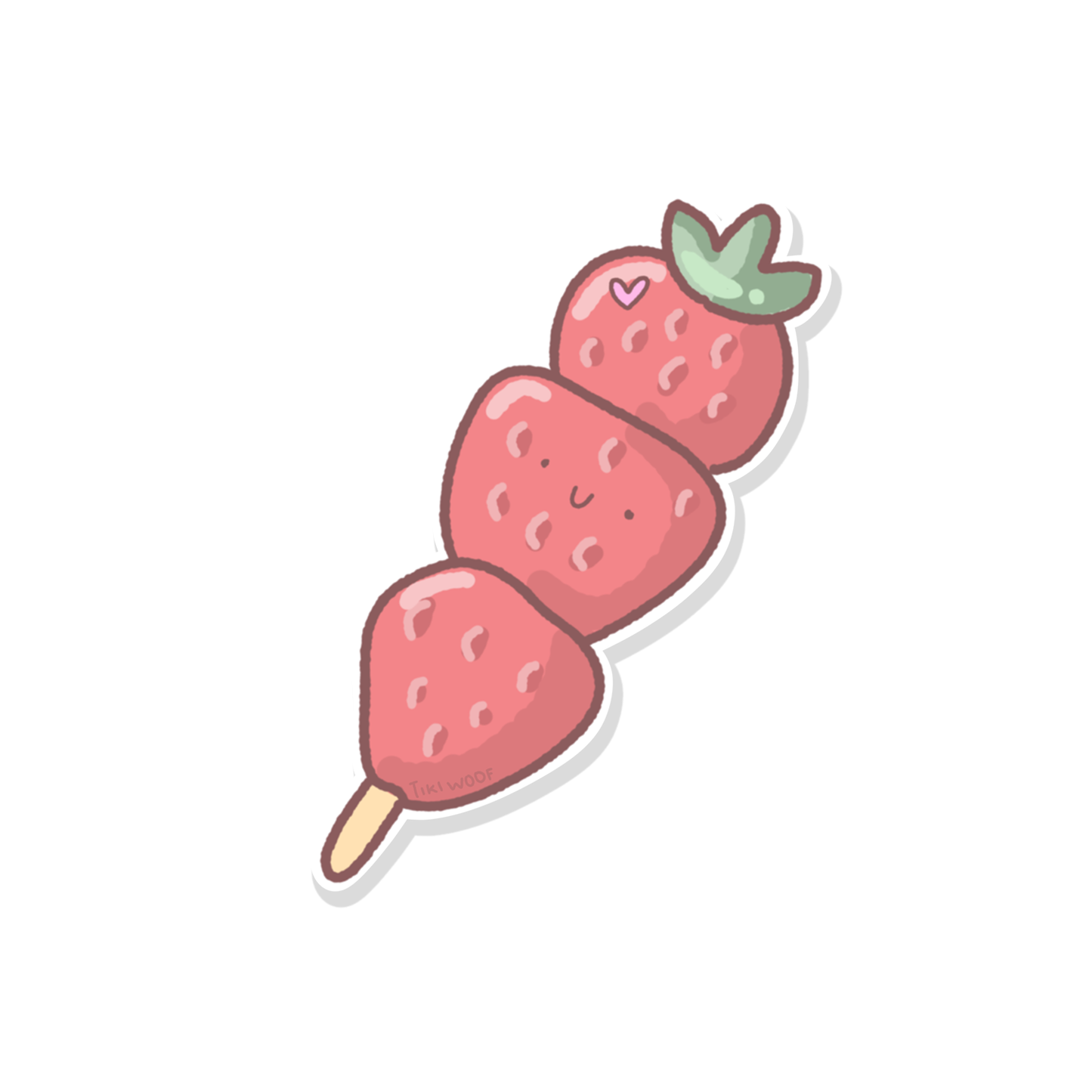 Kawaii-style sticker of three smiling strawberries stacked on a skewer, drawn in soft pastel pinks with a cute heart accent.```