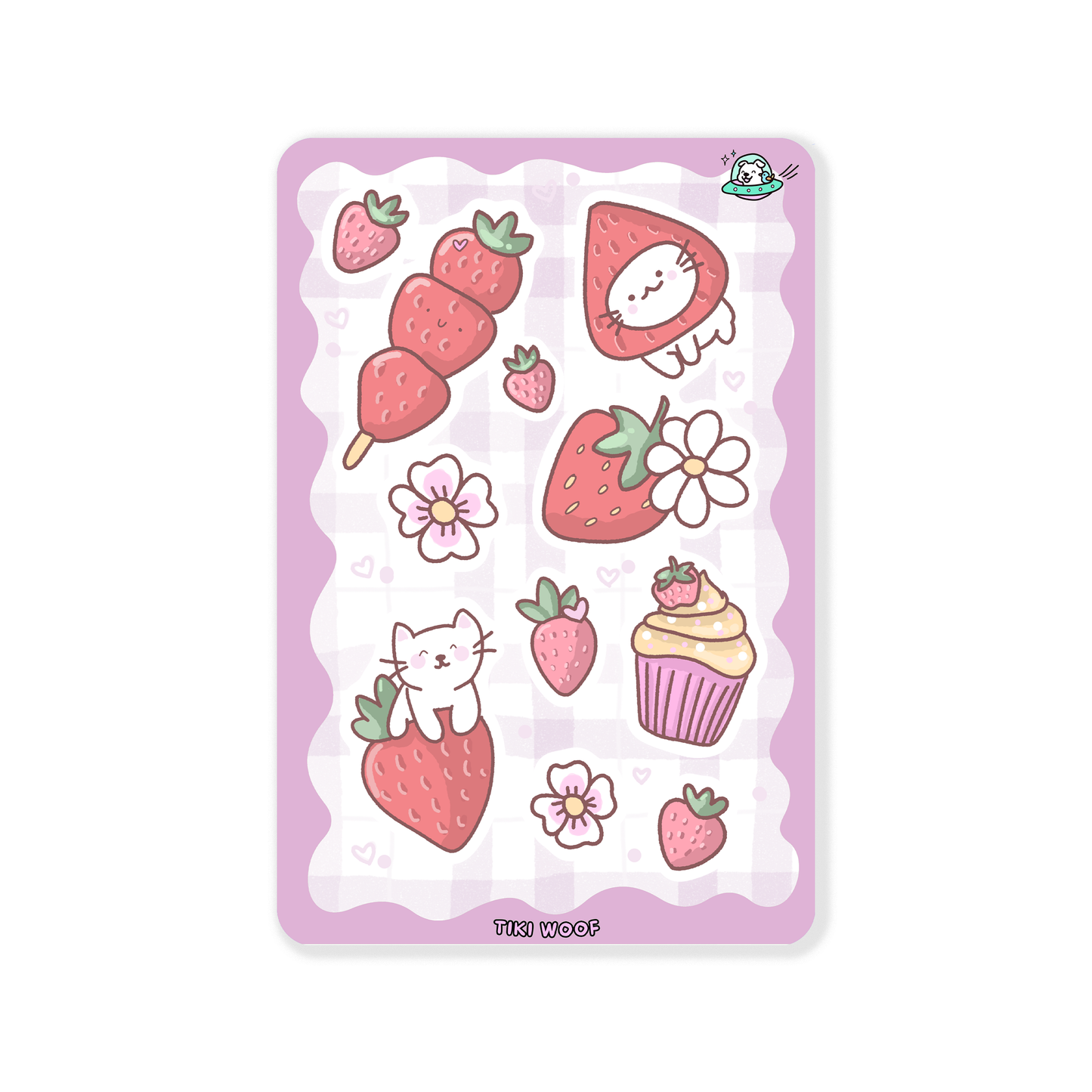 Sticker sheet featuring cute cats, strawberries, cupcakes, and flowers in soft pink and purple tones on a gingham background.```

