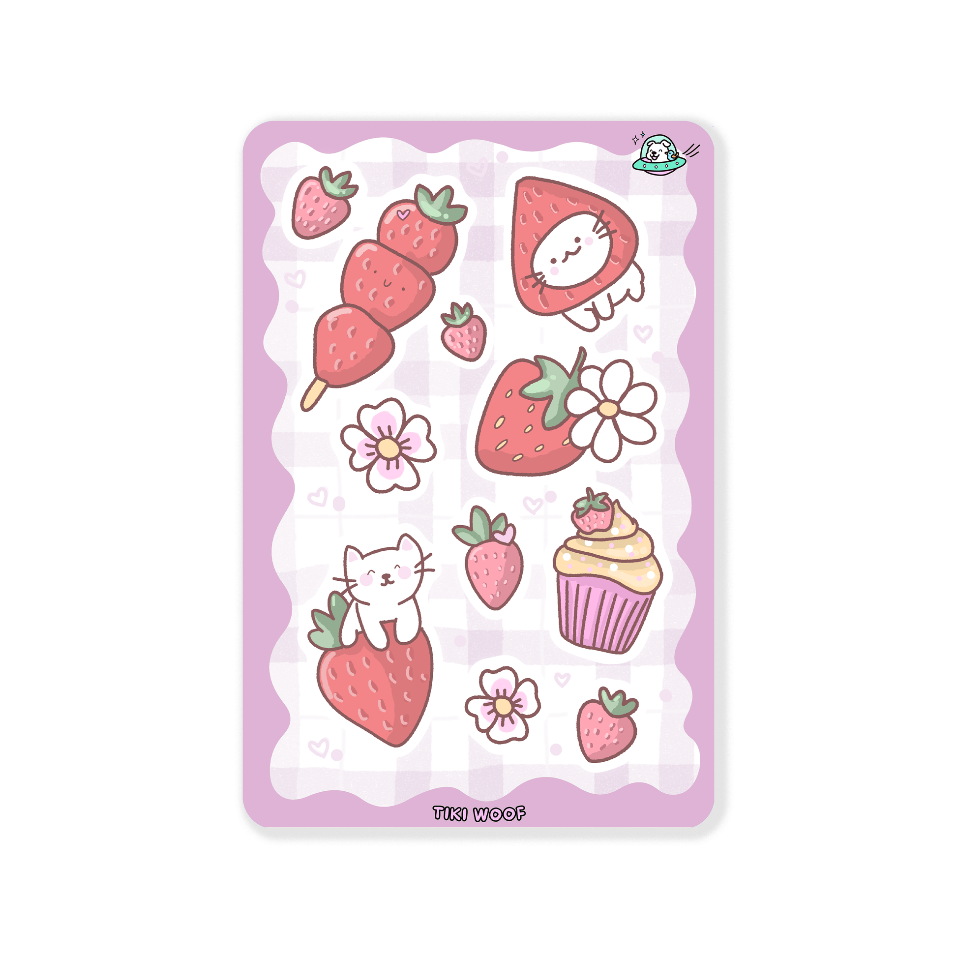 Sticker sheet featuring cute cats, strawberries, cupcakes, and flowers in soft pink and purple tones on a gingham background.```
