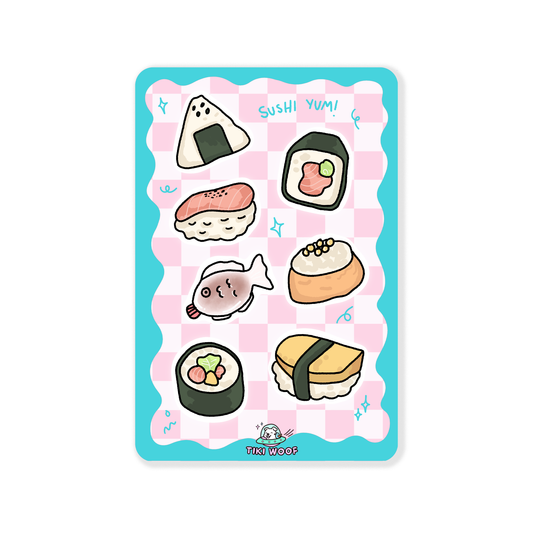 Sticker sheet featuring cute sushi designs including nigiri, onigiri, rolls, and fish in pastel pink and blue tones on a checkered background.```