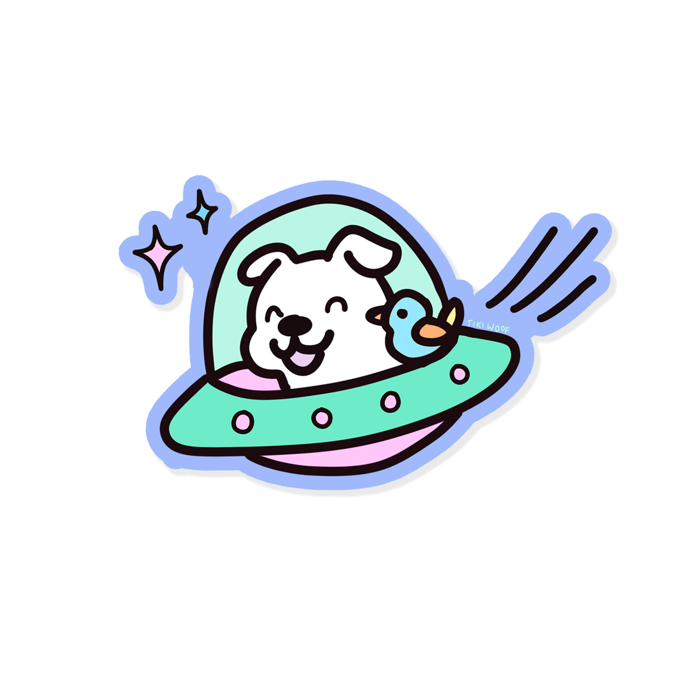 Cute pastel sticker of a white dog and a blue bird flying together in a mint and purple UFO with sparkles behind them.```
