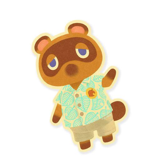 Cute pastel sticker of a tanuki wearing a teal leaf-patterned tropical shirt with a relaxed expression.```