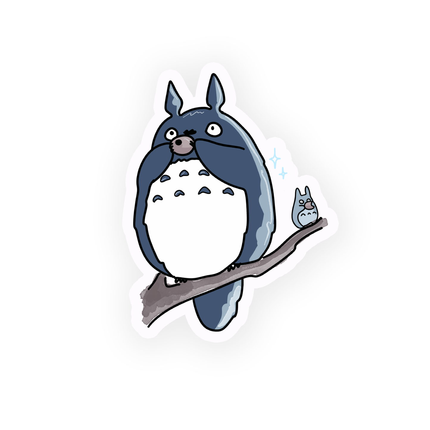 Cute sticker of Totoro sitting on a branch at night with a small blue Totoro beside him.```