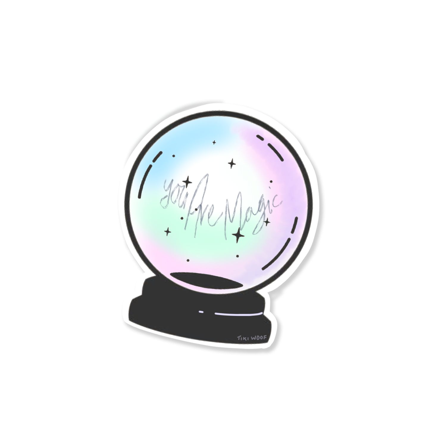 Pastel crystal ball sticker with the handwritten words “You Are Magic” surrounded by tiny stars and sparkles.```