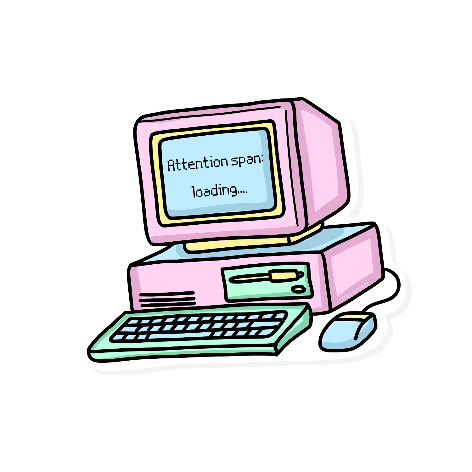 Pastel pink and mint retro computer sticker with the words “Attention span: loading…” on the screen, hand-drawn by Tiki Woof Studio.