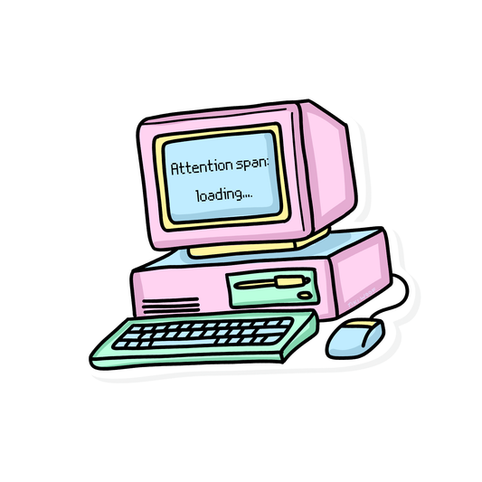 Pastel pink and mint retro computer sticker with the words “Attention span: loading…” on the screen, hand-drawn by Tiki Woof Studio.