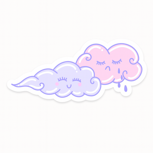 Kawaii pastel clouds sticker showing a smiling purple cloud comforting a pink crying cloud, cute weather illustration on transparent background.