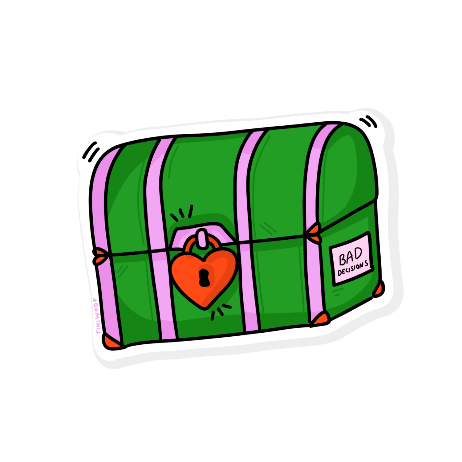Kawaii green treasure chest sticker with pink straps and a red heart lock labeled “Bad Decisions,” cute and humorous vinyl sticker on white background.