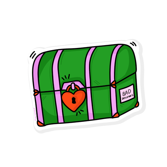 Kawaii green treasure chest sticker with pink straps and a red heart lock labeled “Bad Decisions,” cute and humorous vinyl sticker on white background.