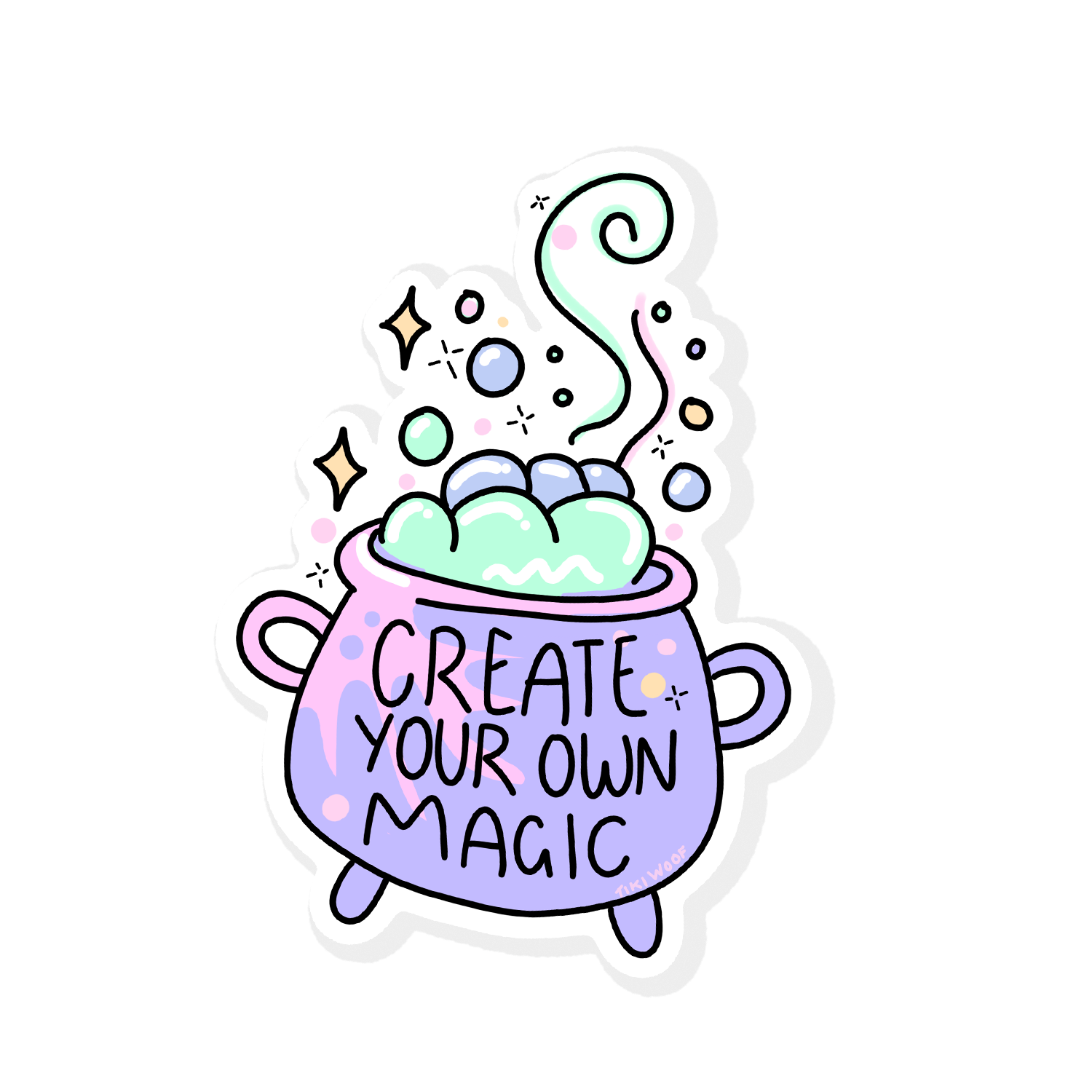 Kawaii pastel cauldron sticker with bubbles, stars, and text “Create Your Own Magic,” cute witchy vinyl sticker on white background.