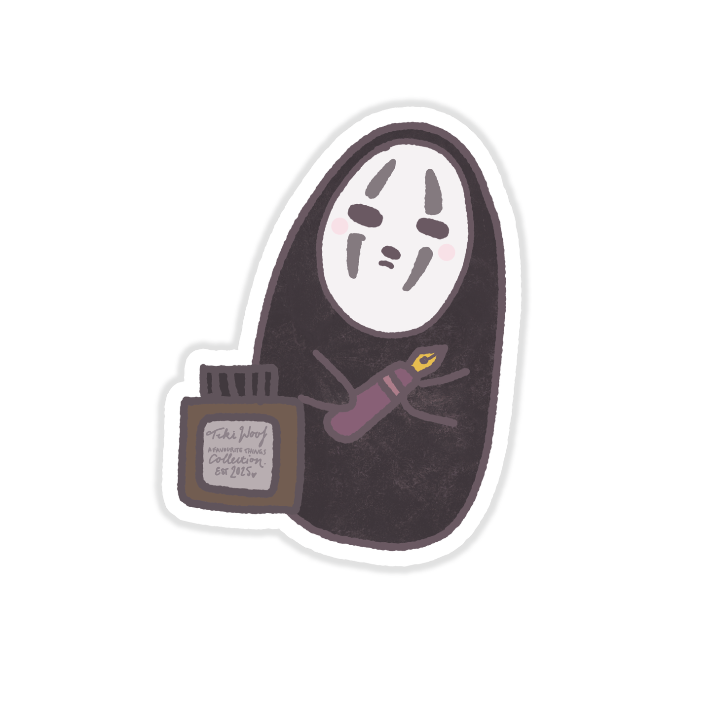 Hand holding a kawaii No-Face-inspired vinyl sticker featuring a character with a fountain pen and ink bottle, illustrated in a cute Tiki Woof Studio style.