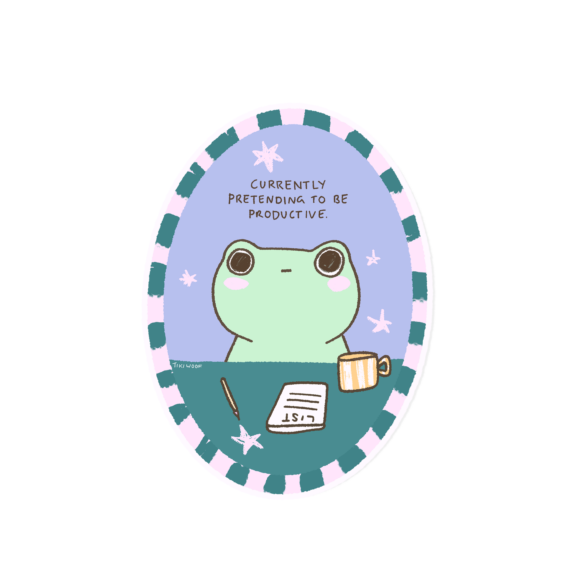 Illustration of a frog with a cup and pen, with text 'Currently pretending to be productive.'