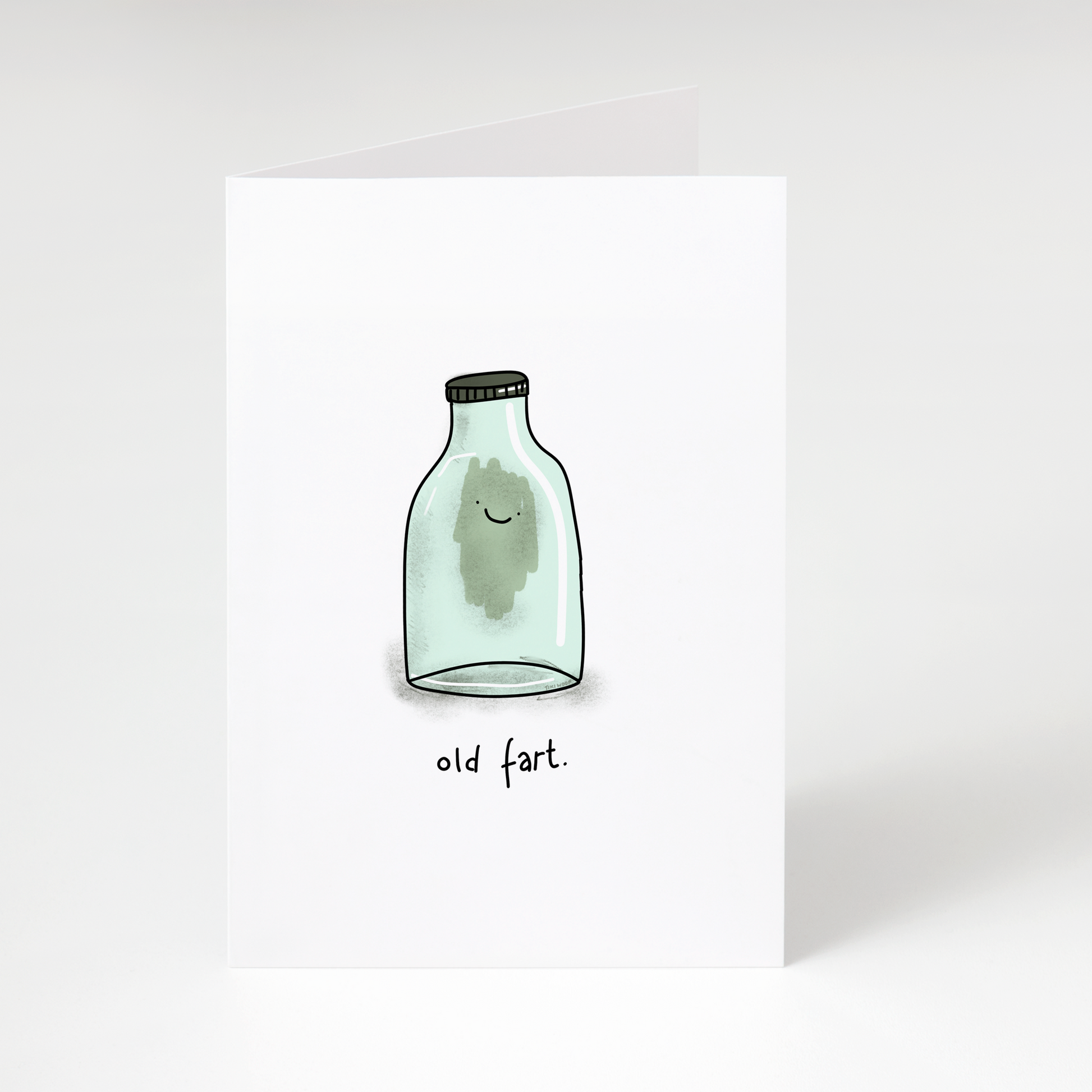 Illustrated jar with smiling green cloud and text “old fart” on white funny birthday greeting card
