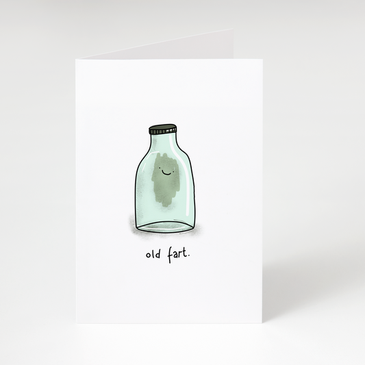 Illustrated jar with smiling green cloud and text “old fart” on white funny birthday greeting card
