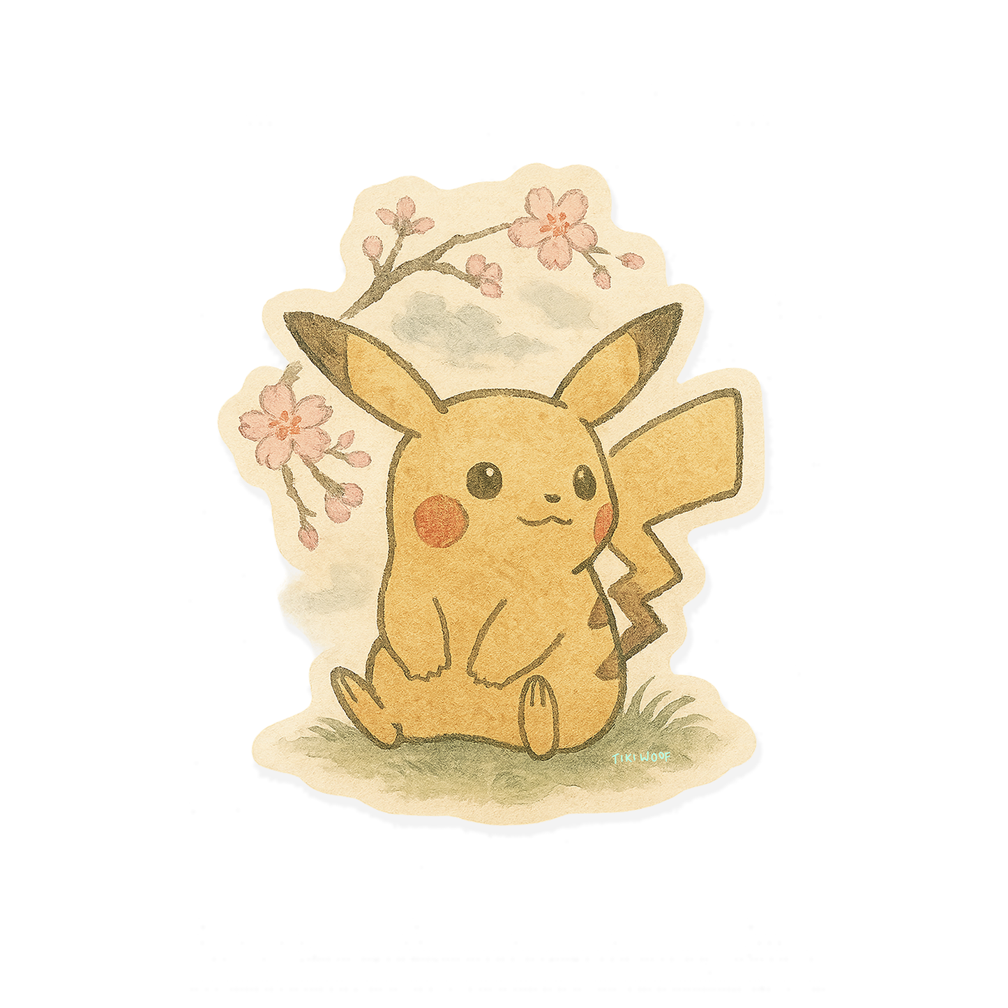 Watercolor-style Pikachu sticker featuring the character sitting peacefully under cherry blossom branches with a soft pastel background.```
