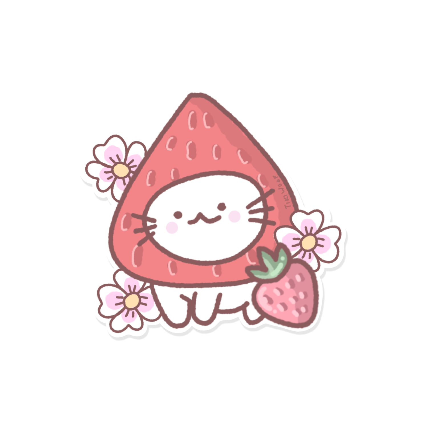 Cute kawaii cat wearing a strawberry costume with pink flowers around it, illustrated in soft pastel tones.```
