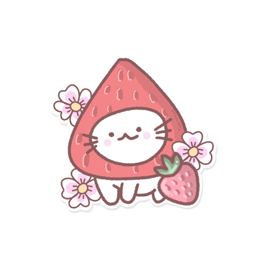 Cute kawaii cat wearing a strawberry costume with pink flowers around it, illustrated in soft pastel tones.```